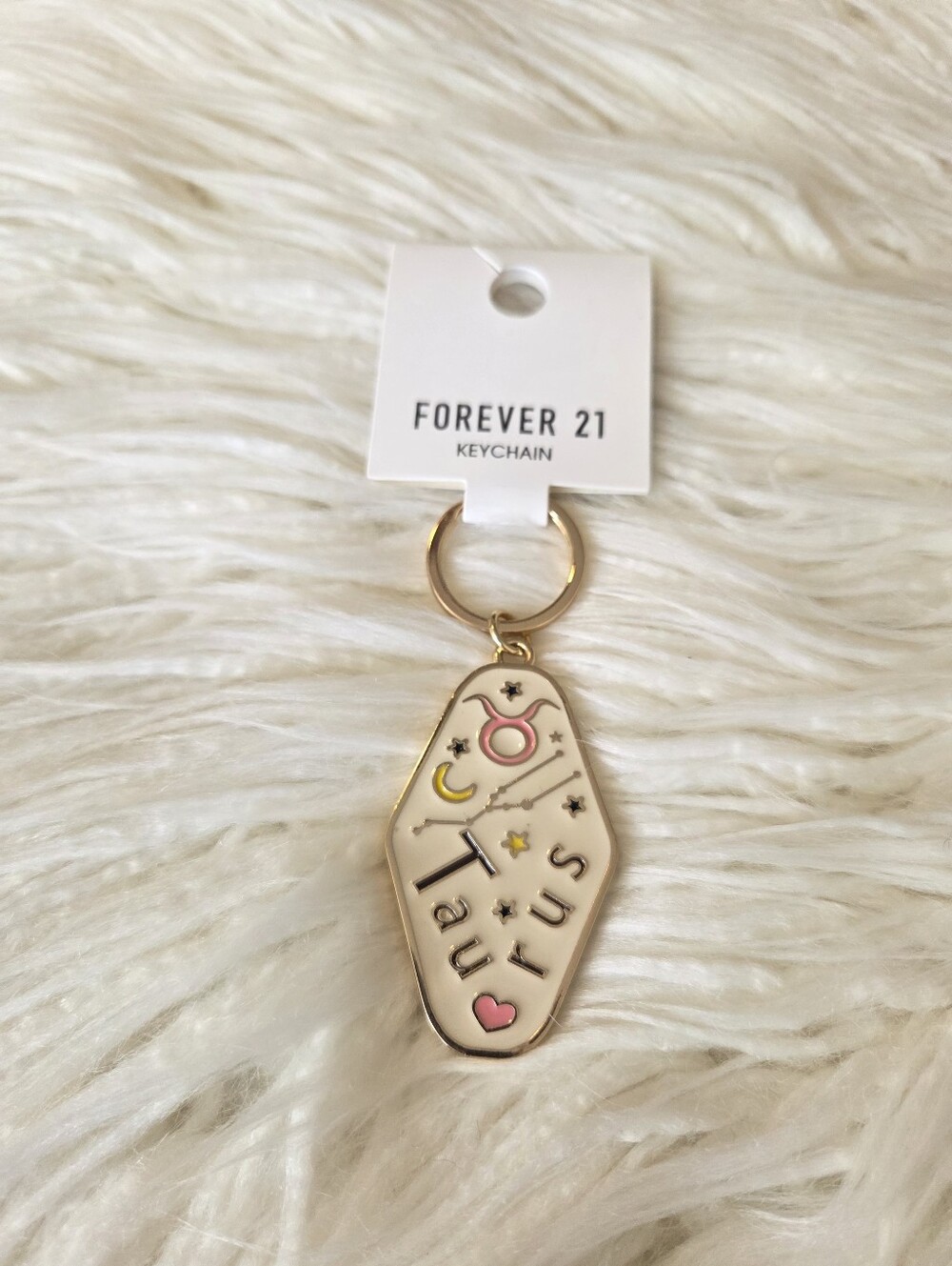 Forever 21 Cream Enamel Taurus Zodiac Keychain with Pink & Gold Accents